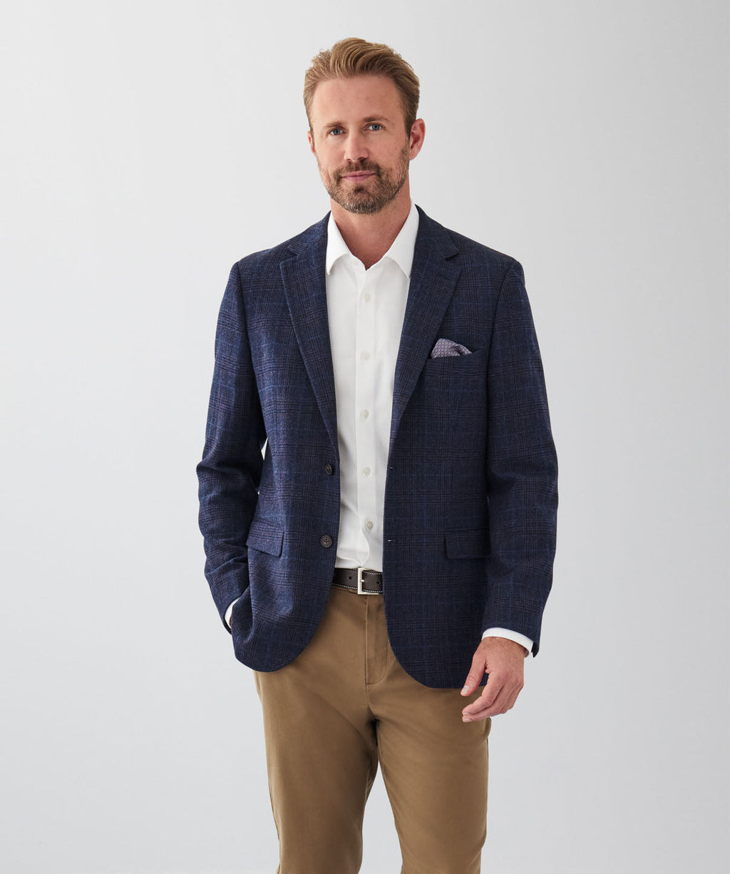Brushed Wool Blend Check Sports Jacket - Navy