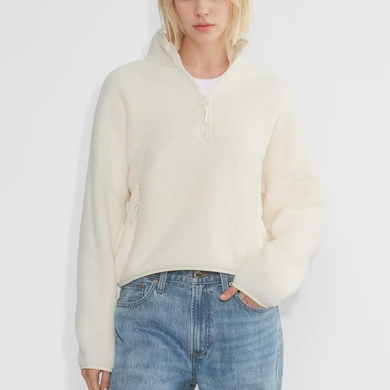 Songling Womens Fleece Sweatshirts Cropped Half Zip Fuzzy Warm Sherpa Pullover Varsity Jackets with Zipper Pockets Fit Casual Breathable Fashion   Loose Light Coats