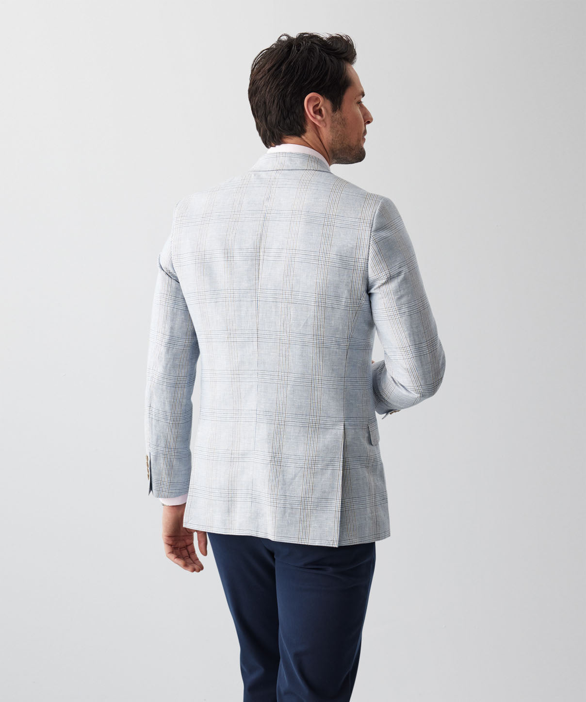 Cotton Linen Check Sports Jacket - Light Blue