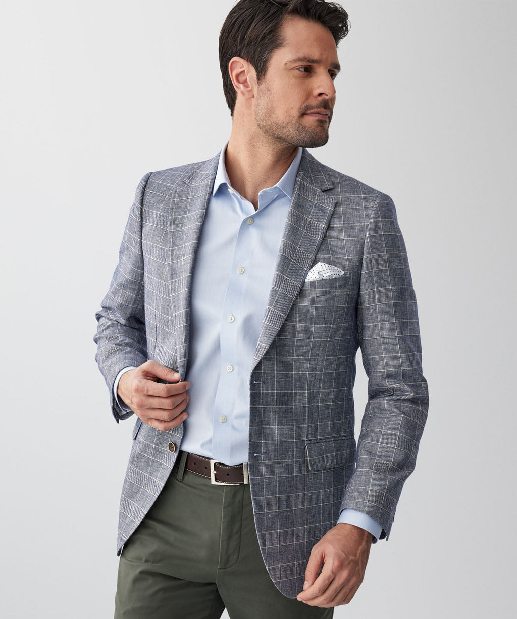 Linen Blend Check Sports Jacket - Navy