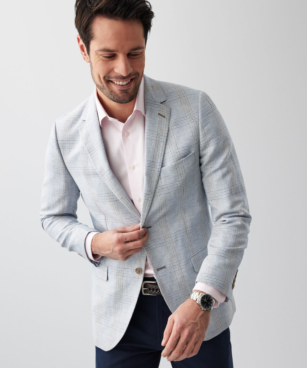 Cotton Linen Check Sports Jacket - Light Blue