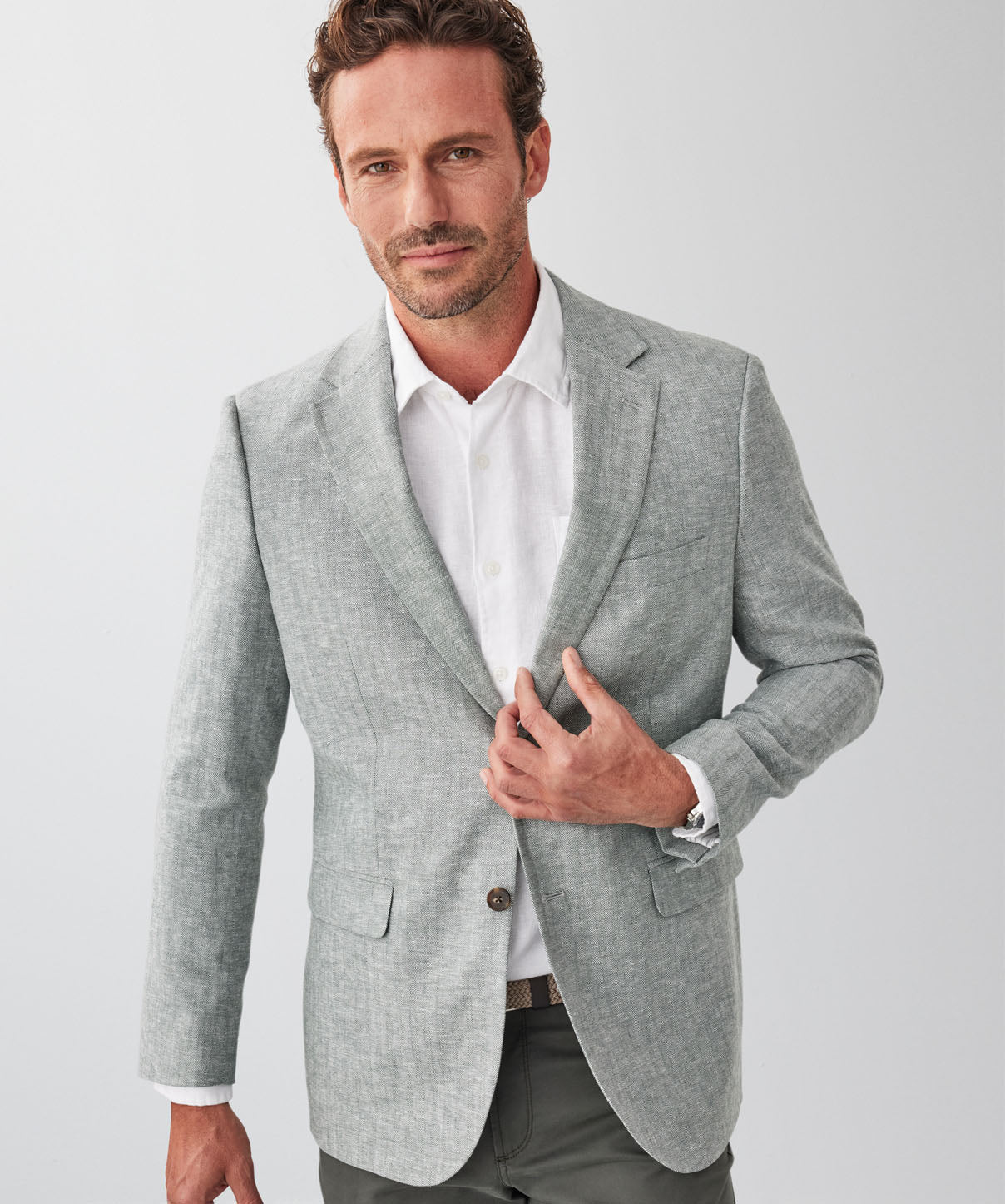 Linen Blend Herringbone Sports Jacket - Khaki
