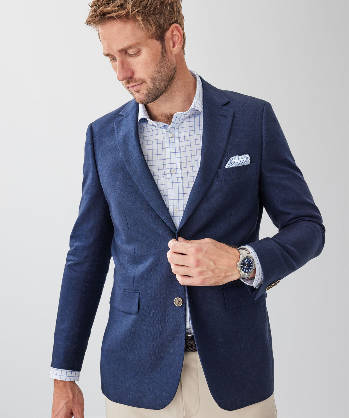 Tailored Fit Linen Blend Sports Jacket - Navy