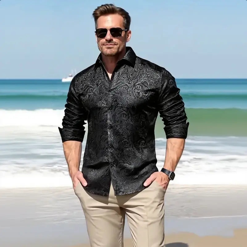 Men's Luxury Paisley Silk-Feel Button Down Shirt