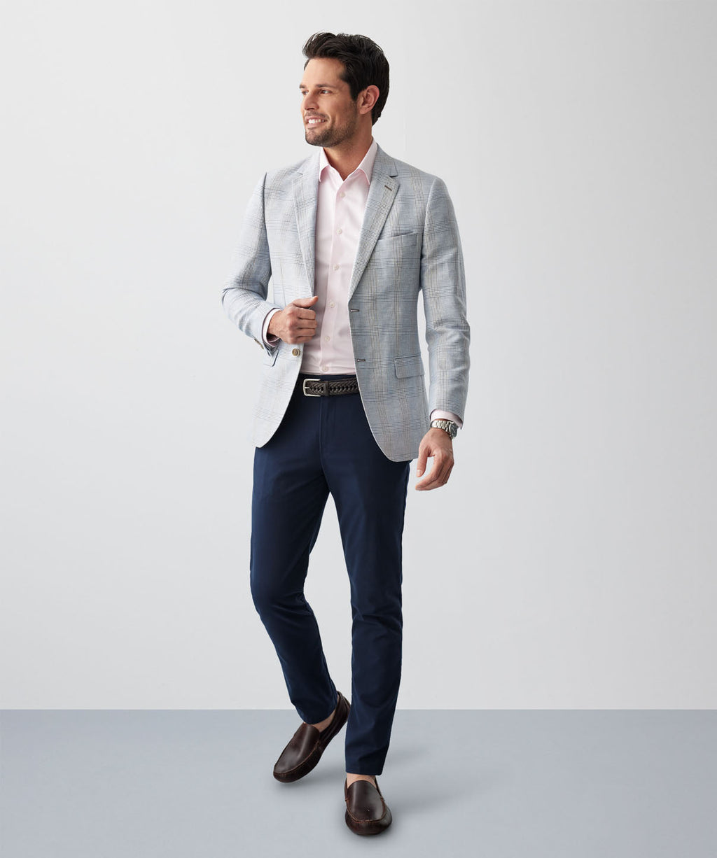 Cotton Linen Check Sports Jacket - Light Blue