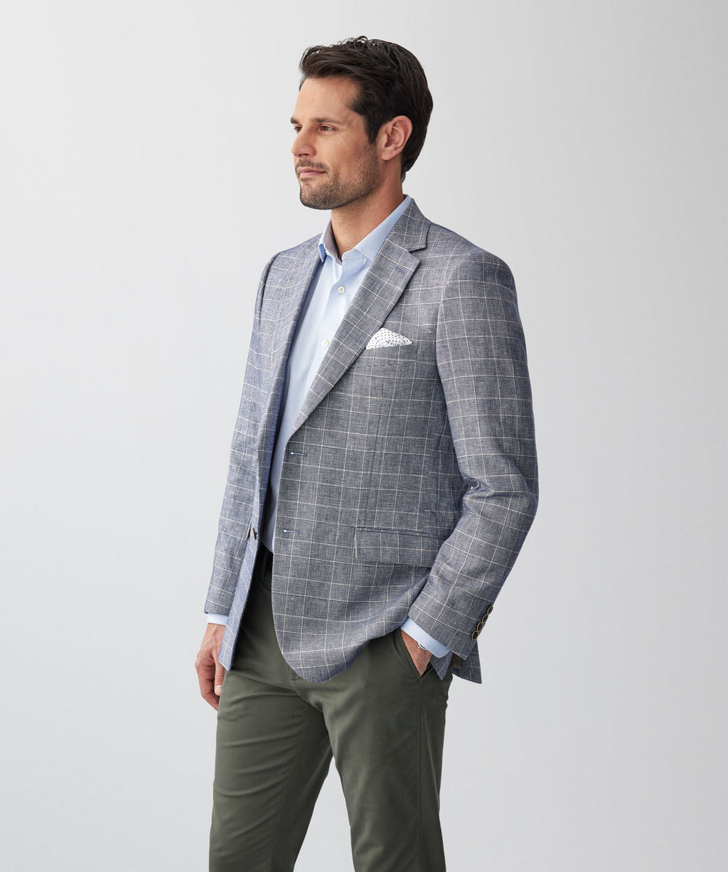 Linen Blend Check Sports Jacket - Navy