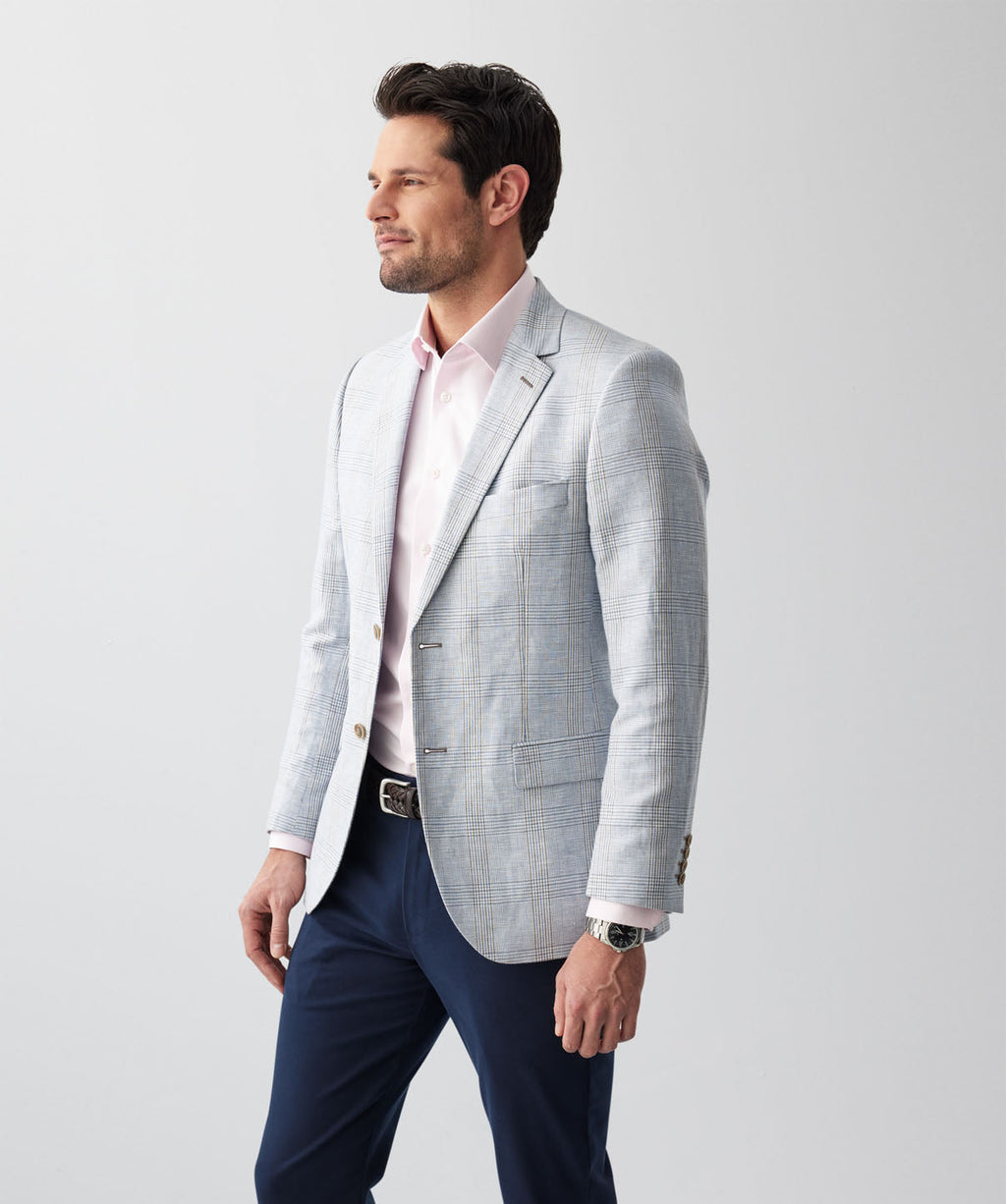 Cotton Linen Check Sports Jacket - Light Blue