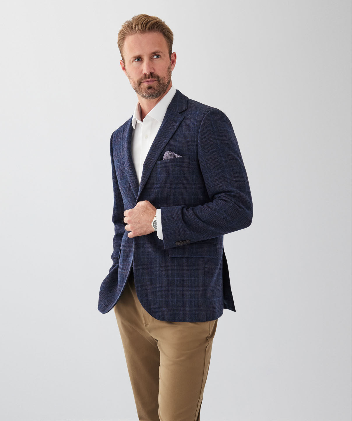 Brushed Wool Blend Check Sports Jacket - Navy