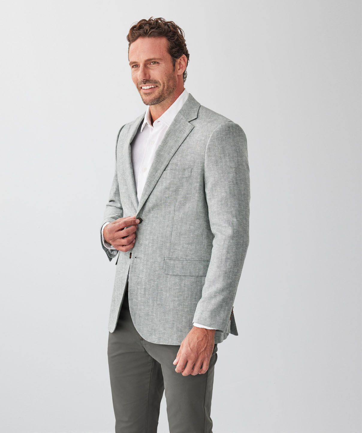 Linen Blend Herringbone Sports Jacket - Khaki