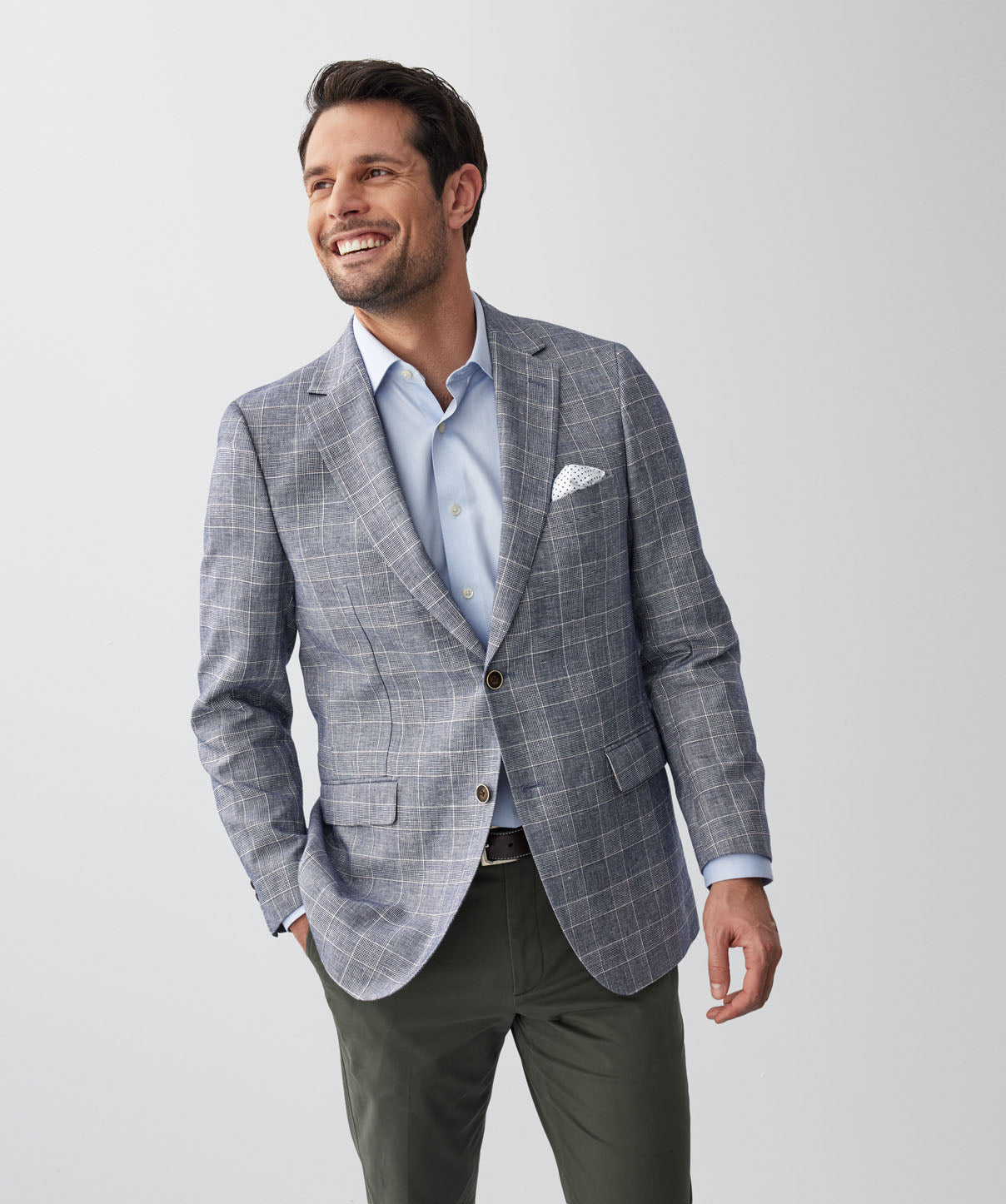 Linen Blend Check Sports Jacket - Navy