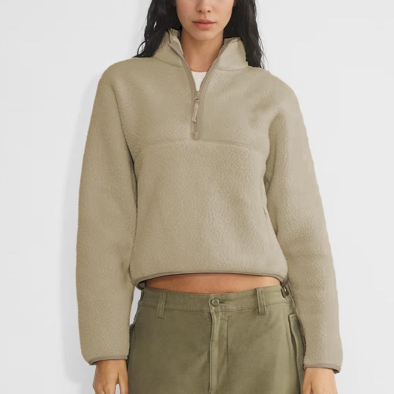 Songling Womens Fleece Sweatshirts Cropped Half Zip Fuzzy Warm Sherpa Pullover Varsity Jackets with Zipper Pockets Fit Casual Breathable Fashion   Loose Light Coats