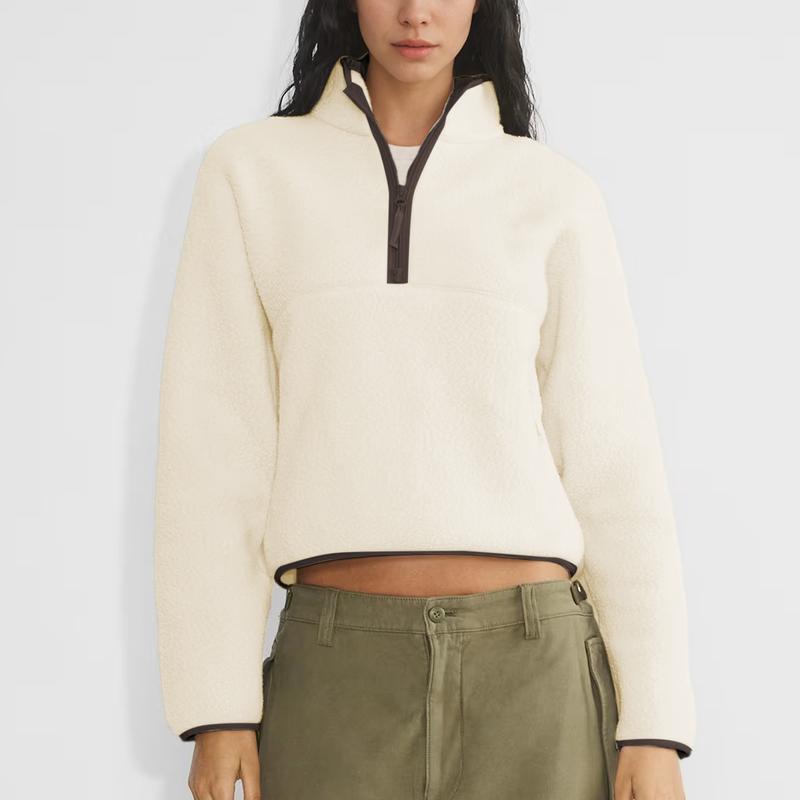 Songling Womens Fleece Sweatshirts Cropped Half Zip Fuzzy Warm Sherpa Pullover Varsity Jackets with Zipper Pockets Fit Casual Breathable Fashion   Loose Light Coats